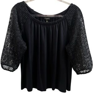TALBOTS TOP, Sz 1XP, Navy Round Neck Peasant Style Pullover Top w/ Lace Sleeves.